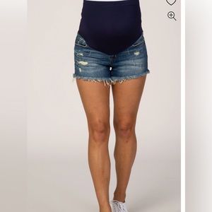PinkBlush Blue Light Wash Distressed Maternity Denim Shorts